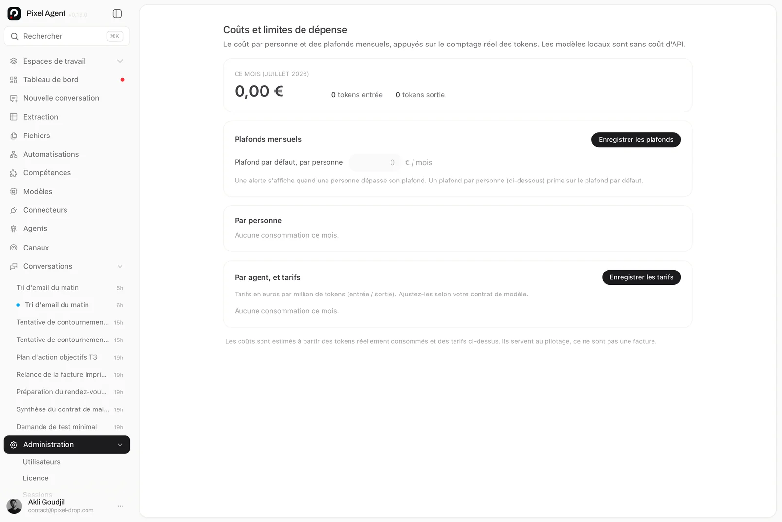 Suivi de la consommation par agent et par modèle, en euros