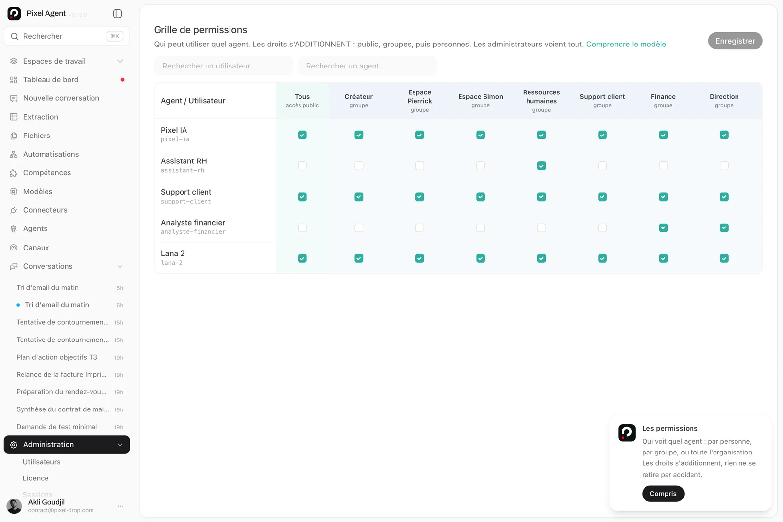 Matrice d'habilitations des utilisateurs par agent